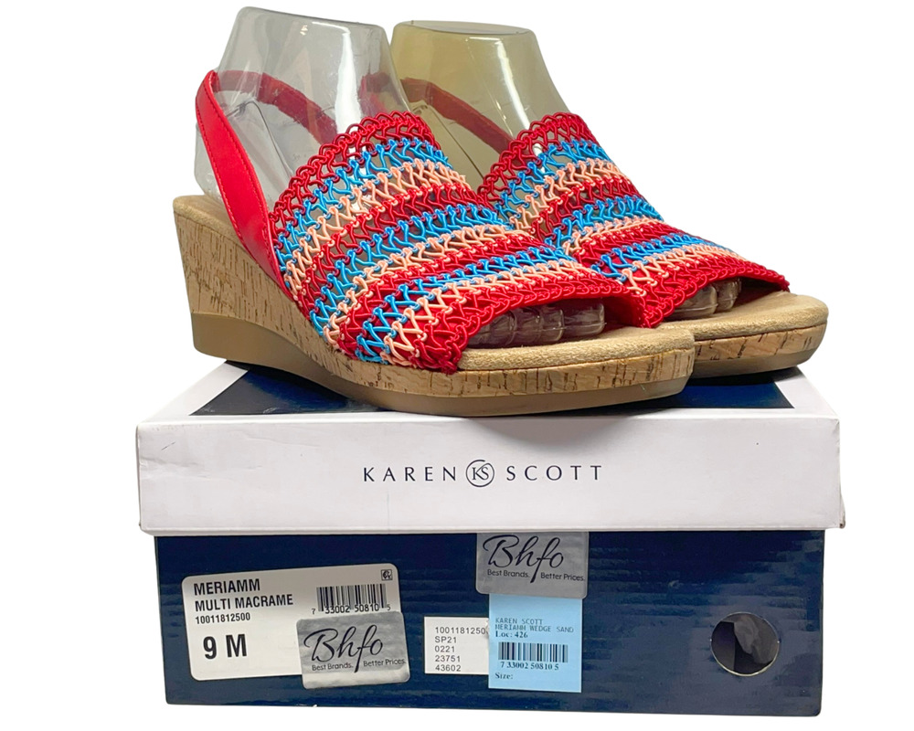 Karen Scott Sz 9 Meriamm Wedge Sandals Macrame Vamp Red Ankle Strap Colorful